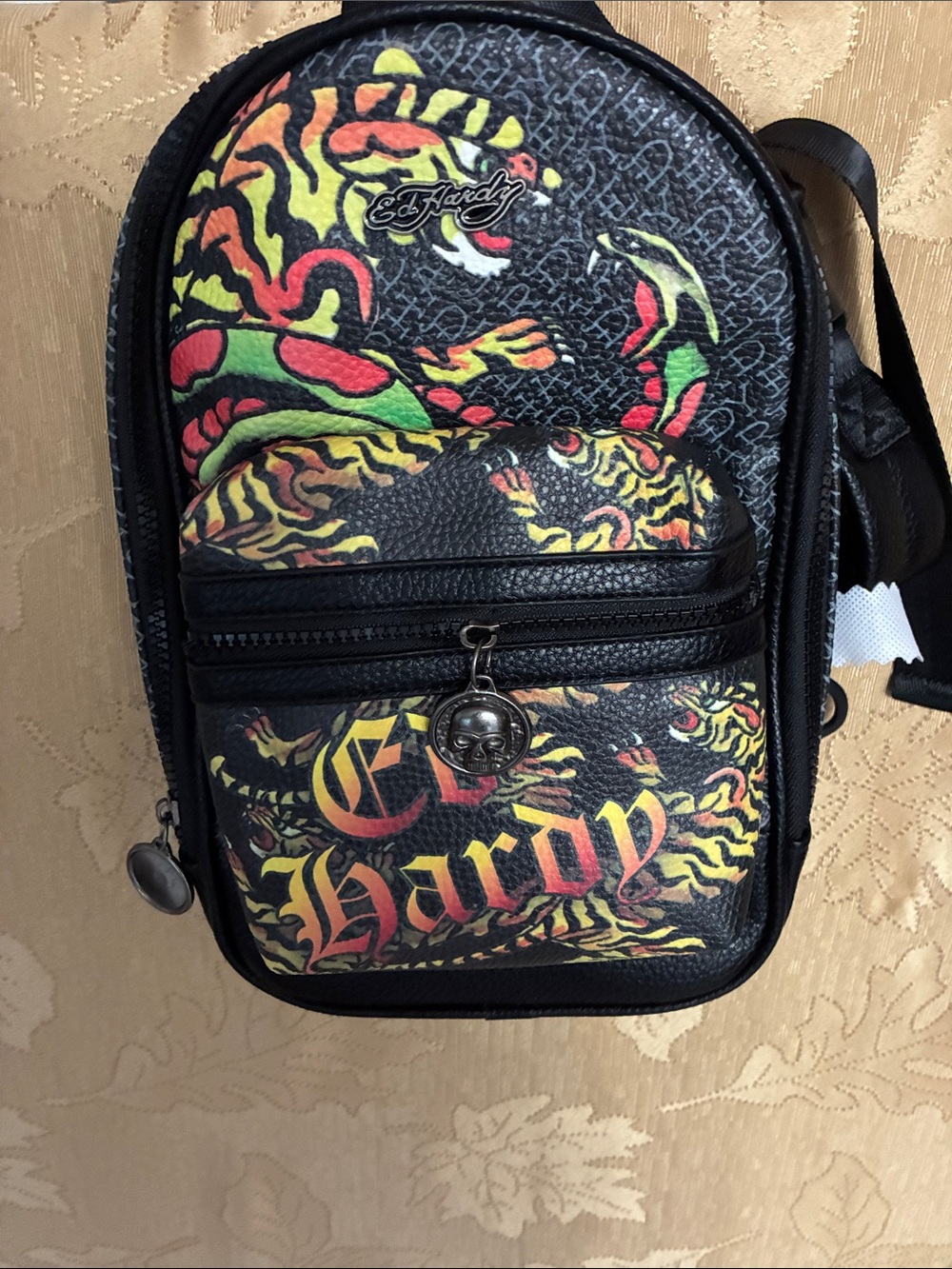 Ed Hardy Black Mini Backpack with Red, Yellow & Green Tattoo Print